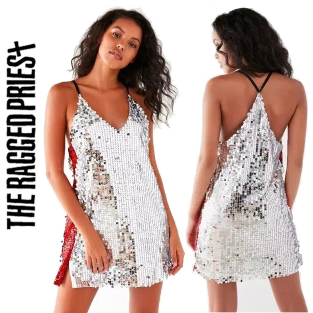 💥SEXY GLAM💥The Ragged Priest Colorblock Slip Dress in Silver & Hot Red